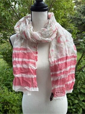 70% Cotton, 30% silk Coach Pink & White Striped Lightweight Logo Scarf